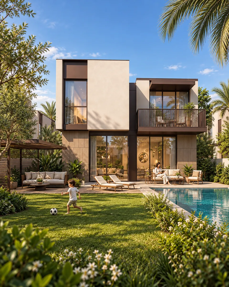 Contemporary family home beneath a mature tree