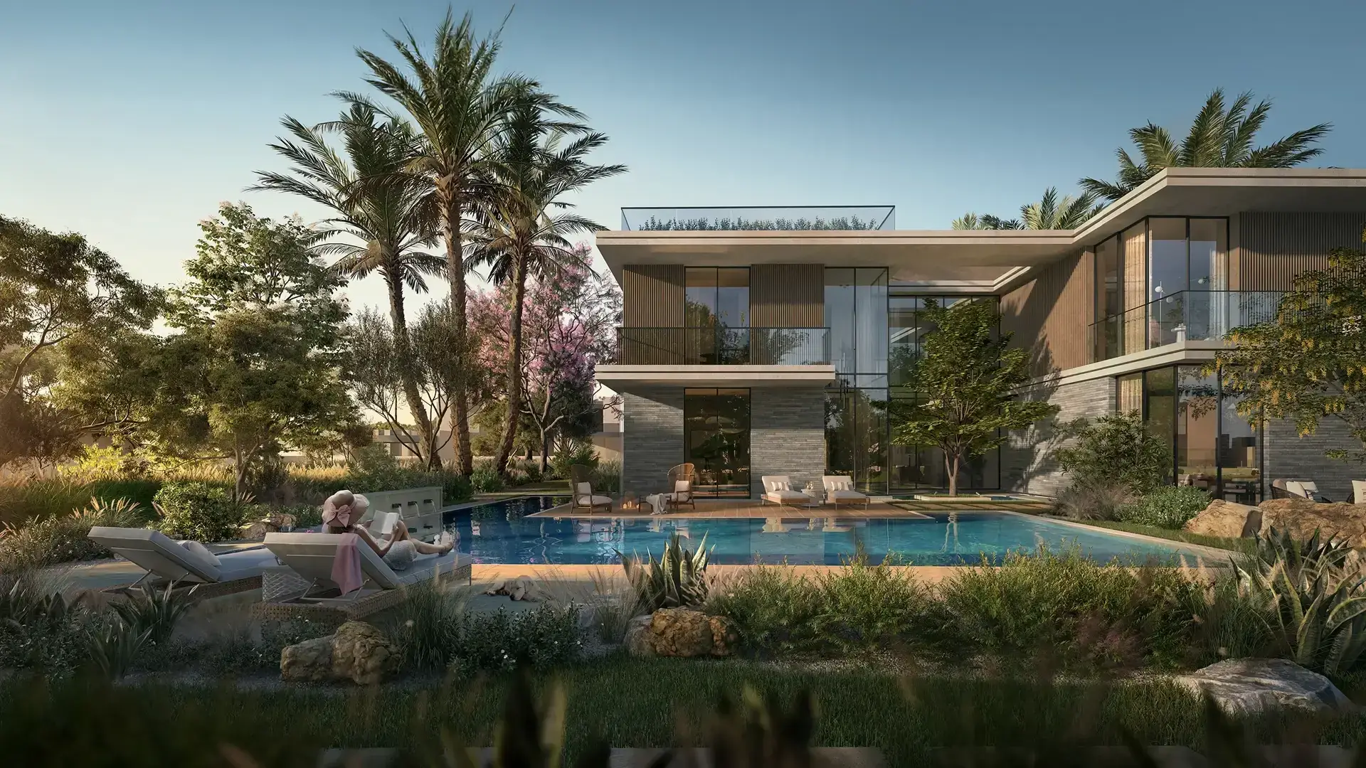 White contemporary villa with a terrace and pool